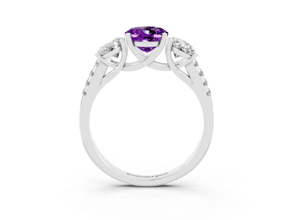 White gold Three-Stone Oval Cut Amethyst Ring with Round  Pavé Band and Prong Setting