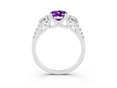 White gold Three-Stone Oval Cut Amethyst Ring with Pavé Band and Prong Setting_15