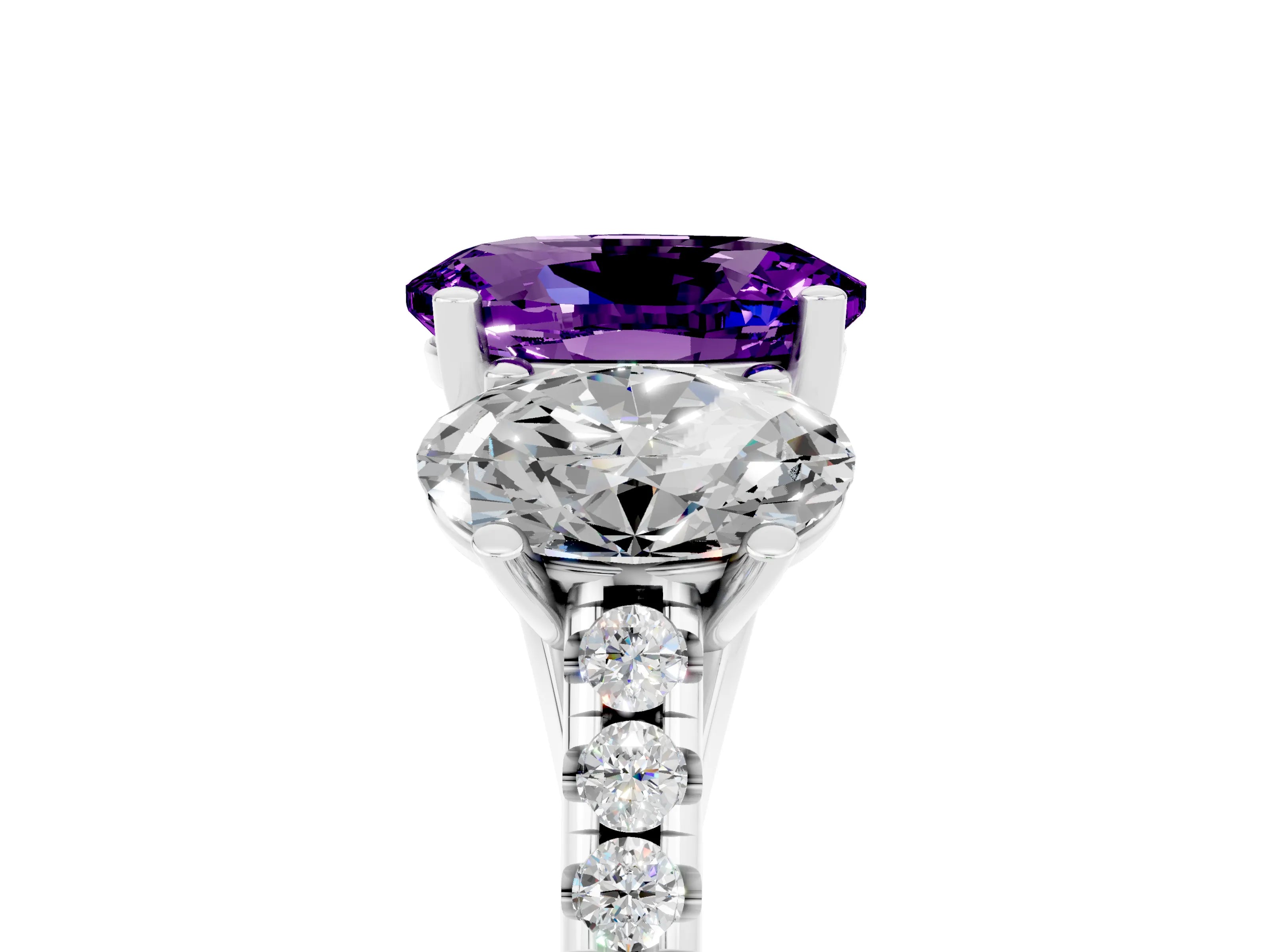 White gold Three-Stone Oval Cut Amethyst Ring with Pavé Band and Prong Setting_17