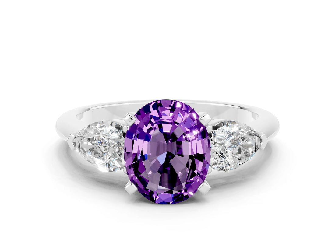 White gold Three-Stone Oval Cut Amethyst Ring with Pear Side Stones and Four-Prong Setting