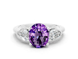 White gold Three-Stone Oval Cut Amethyst Ring with Pear Side Stones and Four-Prong Setting