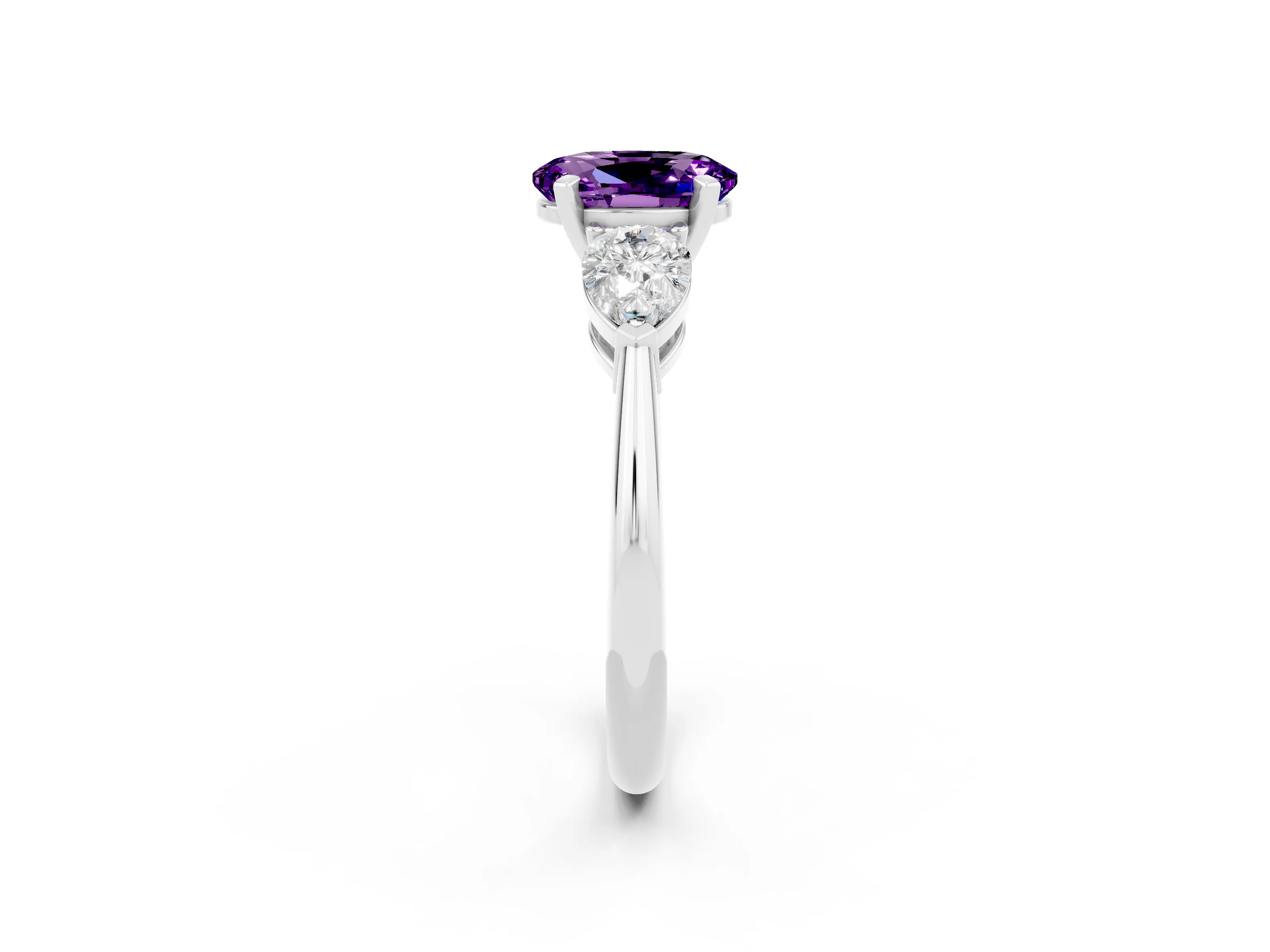 White gold Three-Stone Oval Cut Amethyst Ring with Pear Side Stones and Four-Prong Setting_2