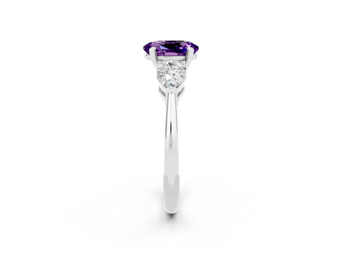 White gold Three-Stone Oval Cut Amethyst Ring with Pear Side Stones and Four-Prong Setting_2