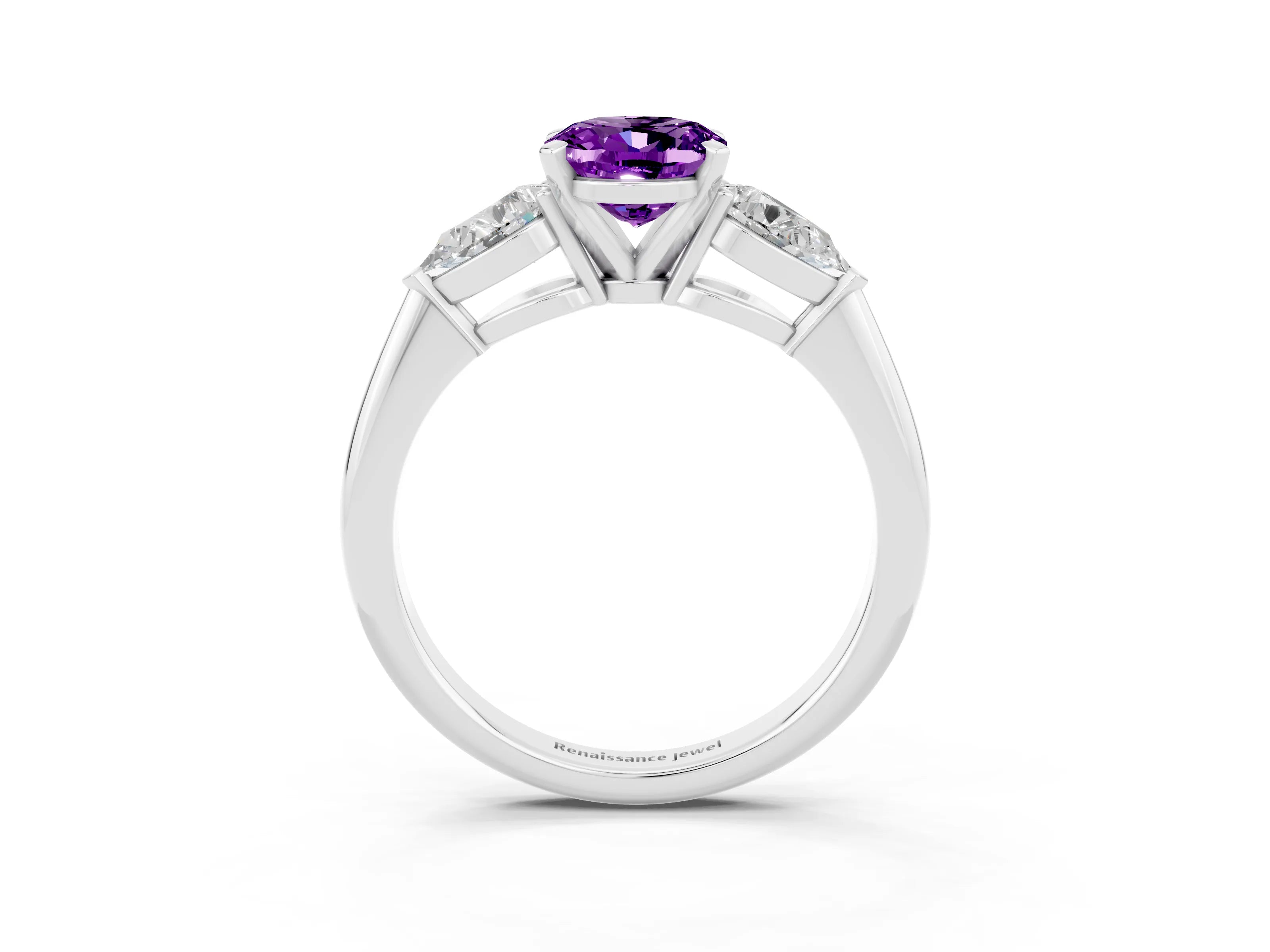 White gold Three-Stone Oval Cut Amethyst Ring with Pear Side Stones and Four-Prong Setting_3