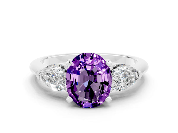 White gold Three-Stone Oval Cut Amethyst Ring with Pear Side Stones and Four-Prong Setting