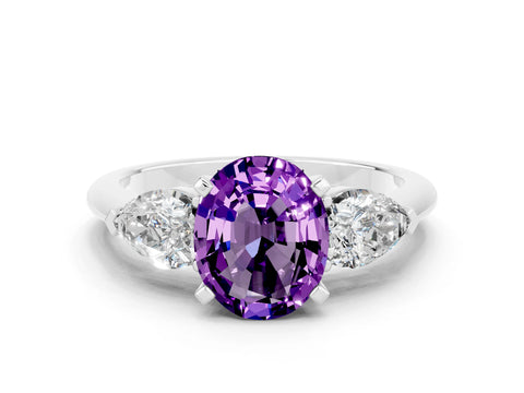 White gold Three-Stone Oval Cut Amethyst Ring with Pear Side Stones and Four-Prong Setting