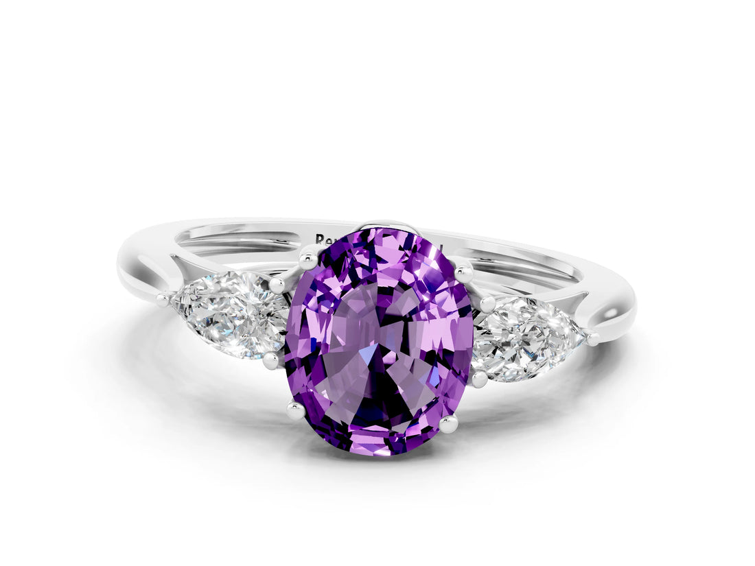 White gold Three-Stone Oval Cut Amethyst Ring with Pear  Side Stones in Four-Prong Setting_12