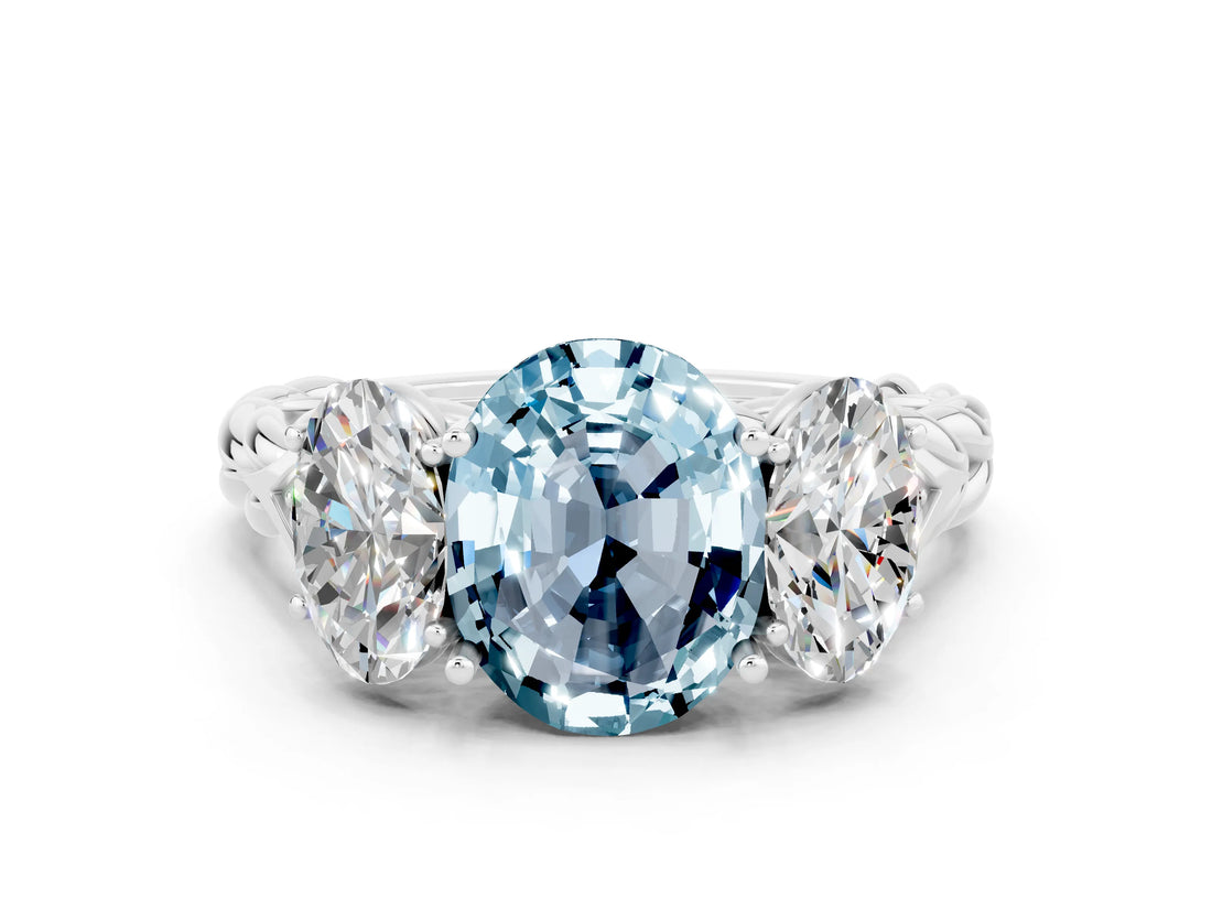 White gold Three-Stone Oval Cut Aquamarine Braided Band Ring with Four-Prong Setting_12