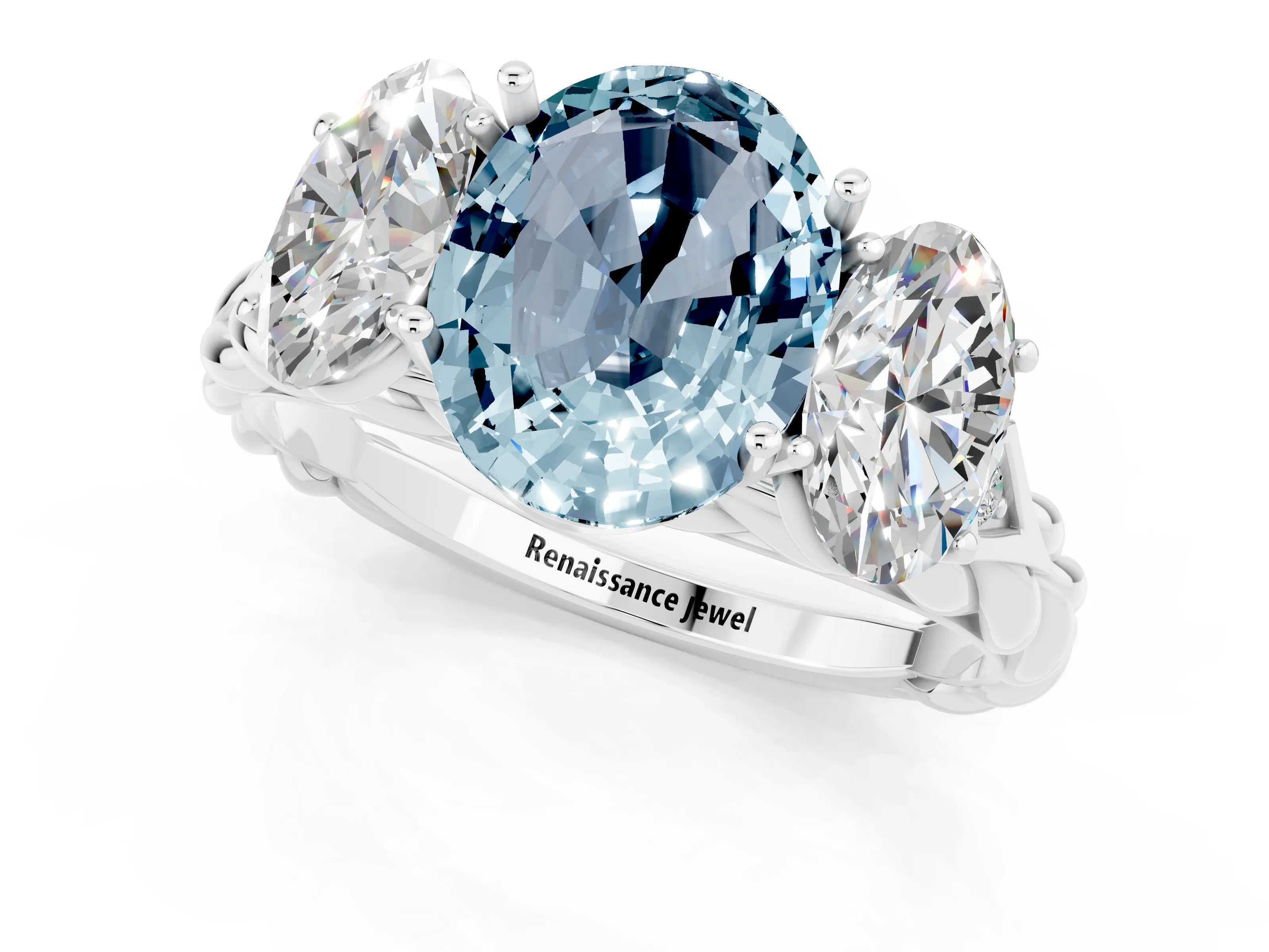 White gold Three-Stone Oval Cut Aquamarine Braided Band Ring with Four-Prong Setting_13