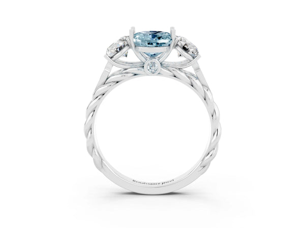 Platinum Three-Stone Oval Cut Aquamarine Braided Band Ring with Four-Prong Setting