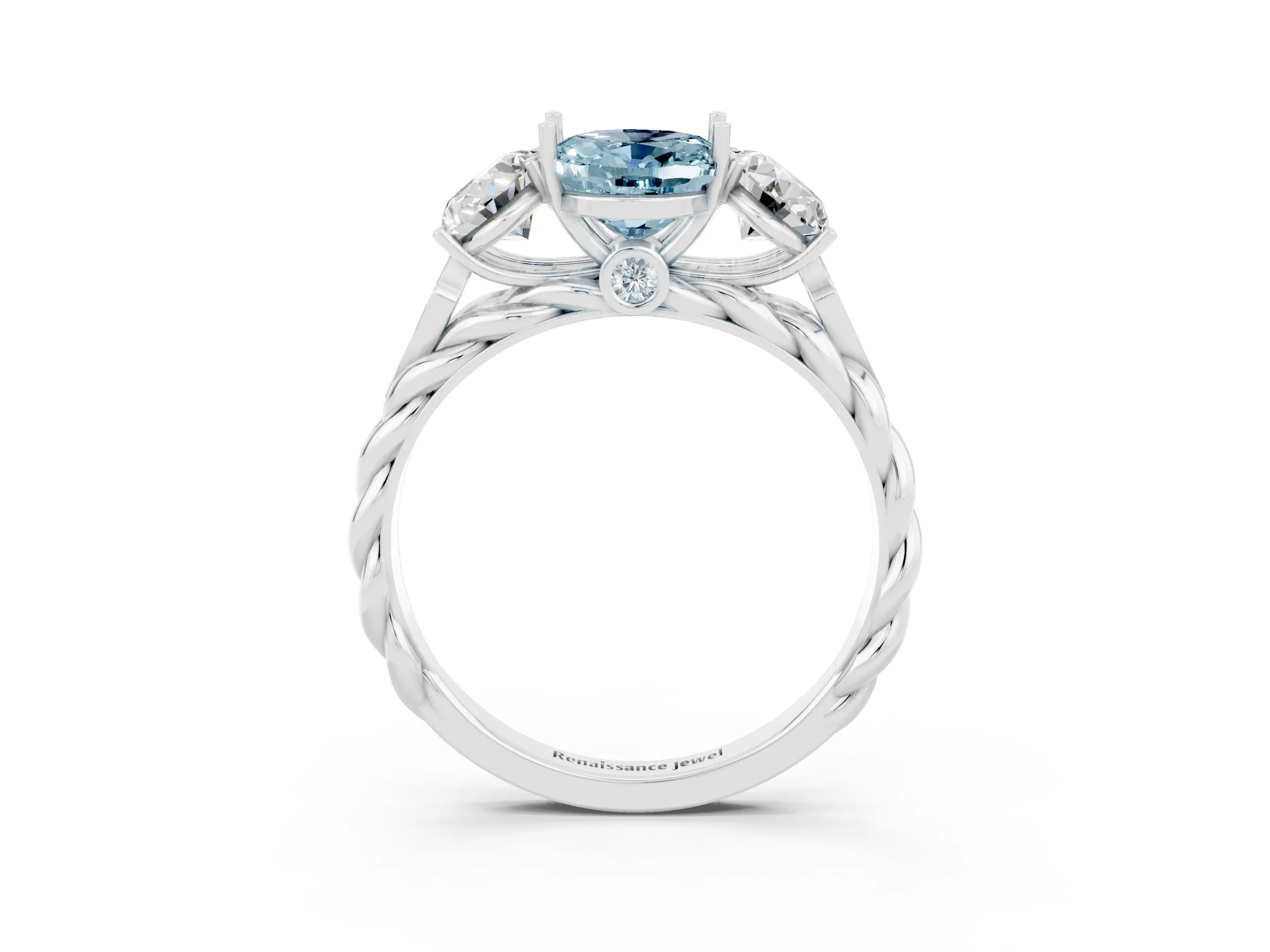 White gold Three-Stone Oval Cut Aquamarine Braided Band Ring with Four-Prong Setting_15