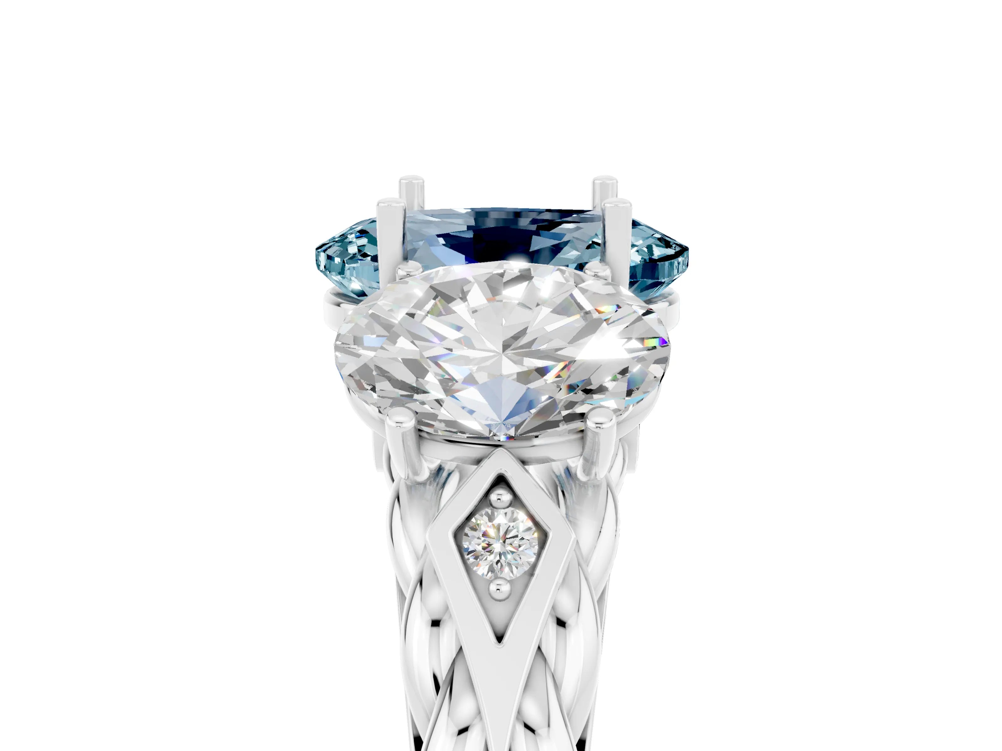 White gold Three-Stone Oval Cut Aquamarine Braided Band Ring with Four-Prong Setting_17