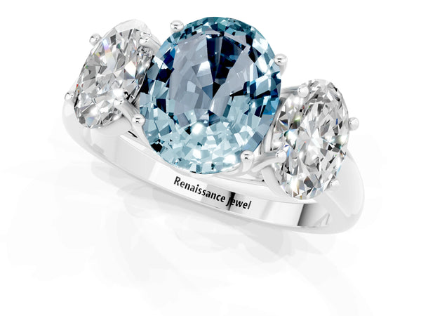 Silver Three-Stone Oval Cut Aquamarine Engagement Ring with Prong Setting