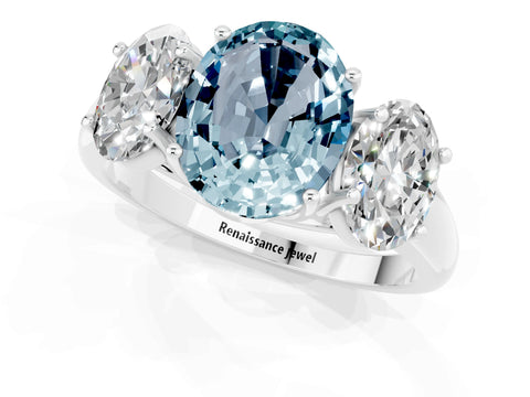 White gold Three-Stone Oval Cut Aquamarine Engagement Ring with Prong Setting_1