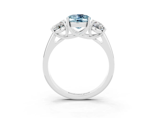 Silver Three-Stone Oval Cut Aquamarine Engagement Ring with Prong Setting
