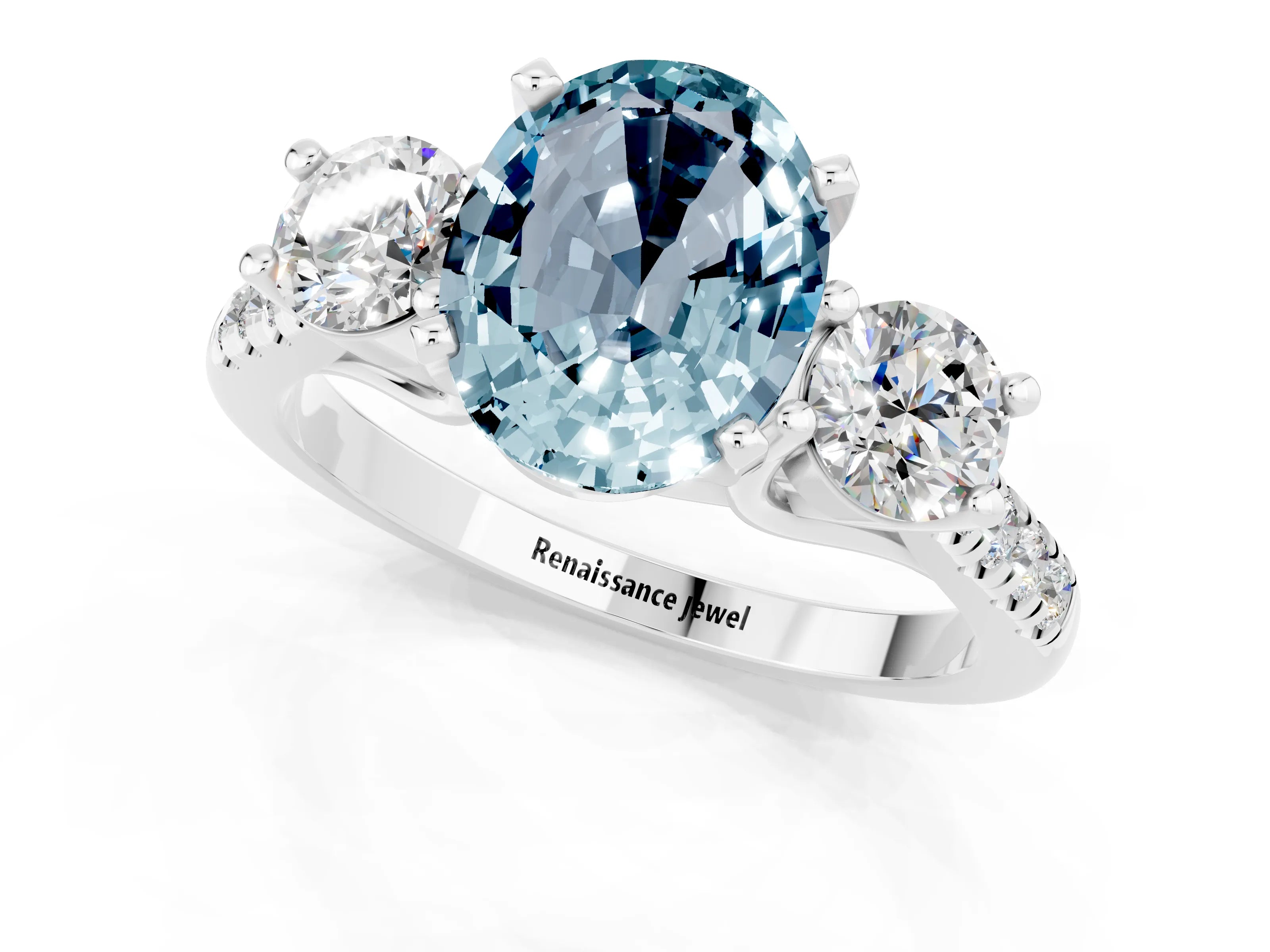 White gold Three-Stone Oval Cut Aquamarine Pavé Band with Four-Prong Setting_1