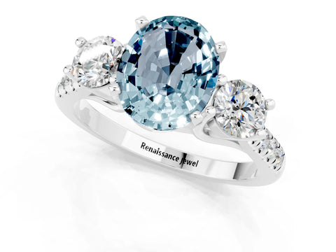 White gold Three-Stone Oval Cut Aquamarine Pavé Band with Four-Prong Setting_1