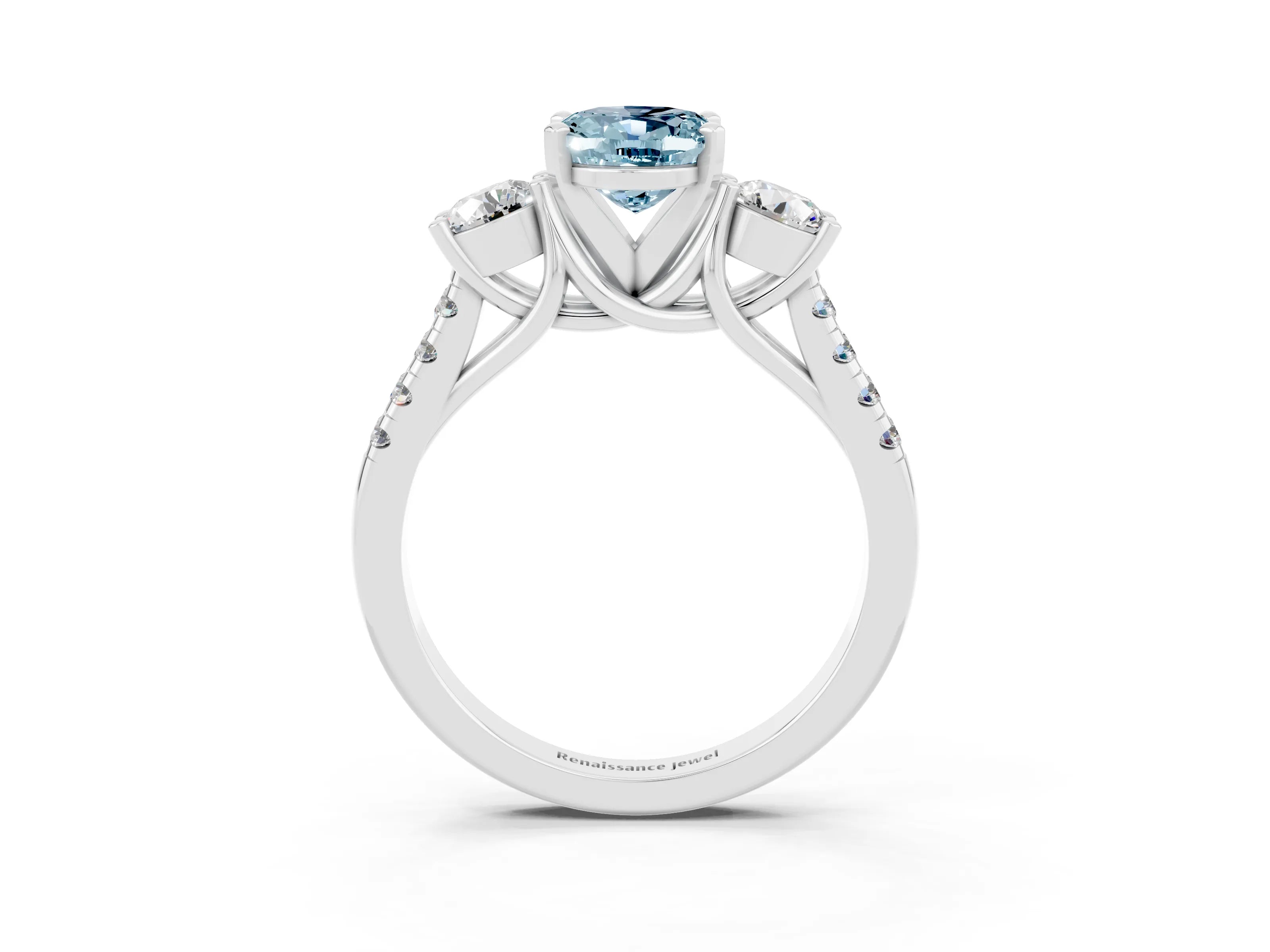White gold Three-Stone Oval Cut Aquamarine Pavé Band with Four-Prong Setting_3