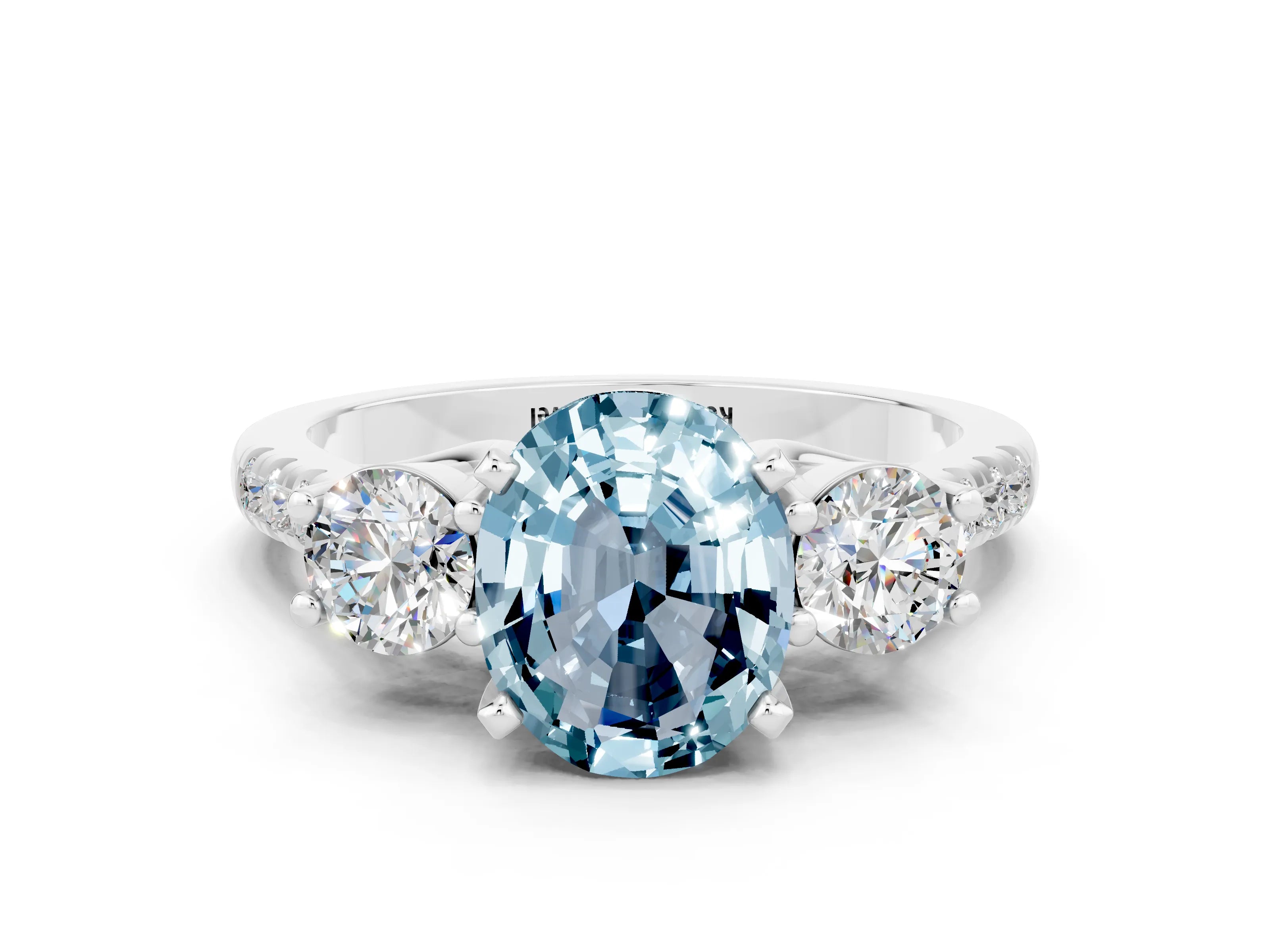 White gold Three-Stone Oval Cut Aquamarine Pavé Band with Four-Prong Setting