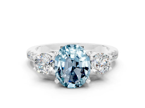 White gold Three-Stone Oval Cut Aquamarine Pavé Band with Four-Prong Setting