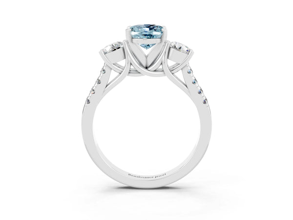 Silver Three-Stone Oval Cut Aquamarine Pavé Band with Four-Prong Setting