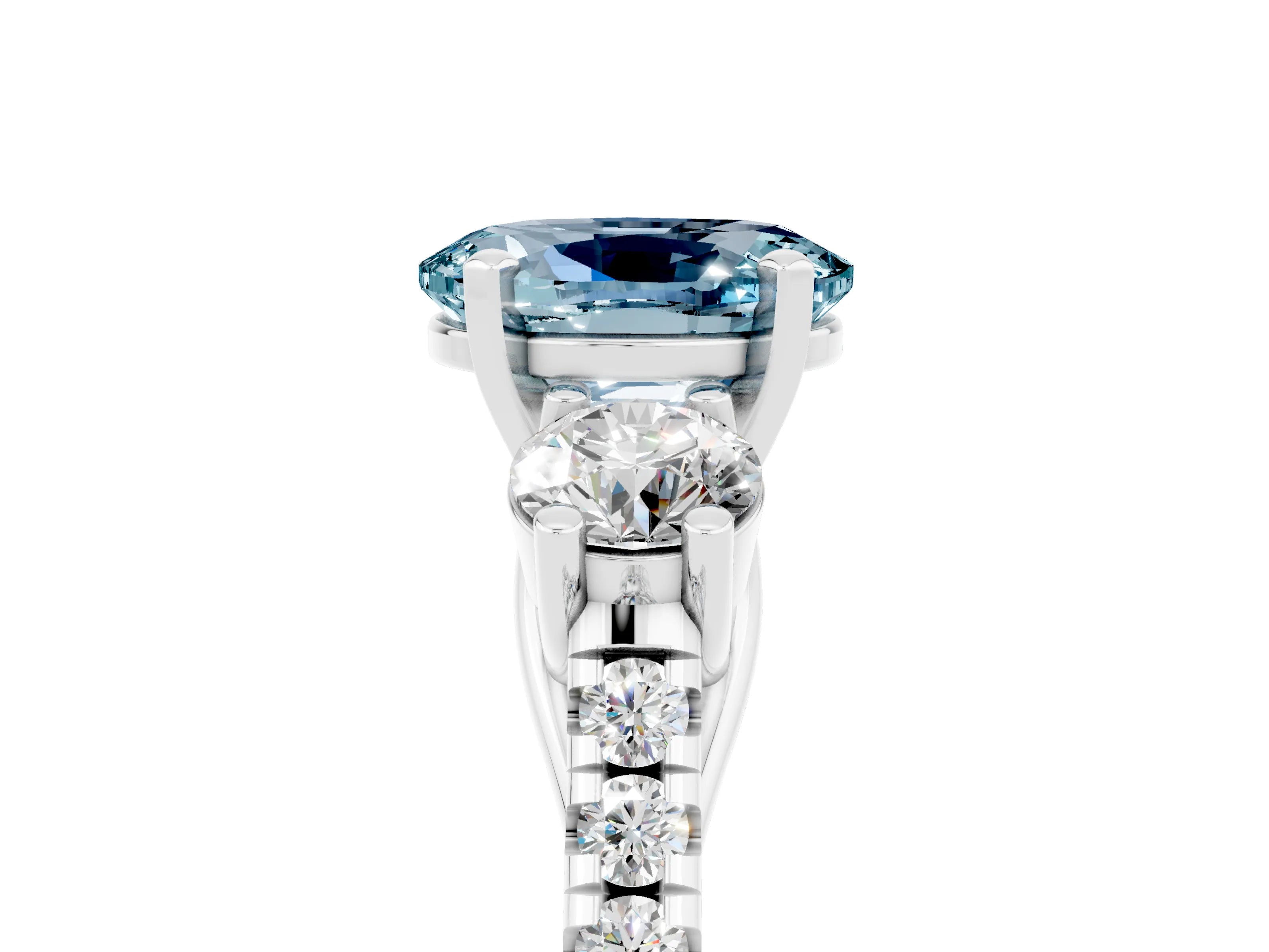 White gold Three-Stone Oval Cut Aquamarine Pavé Band with Four-Prong Setting_5