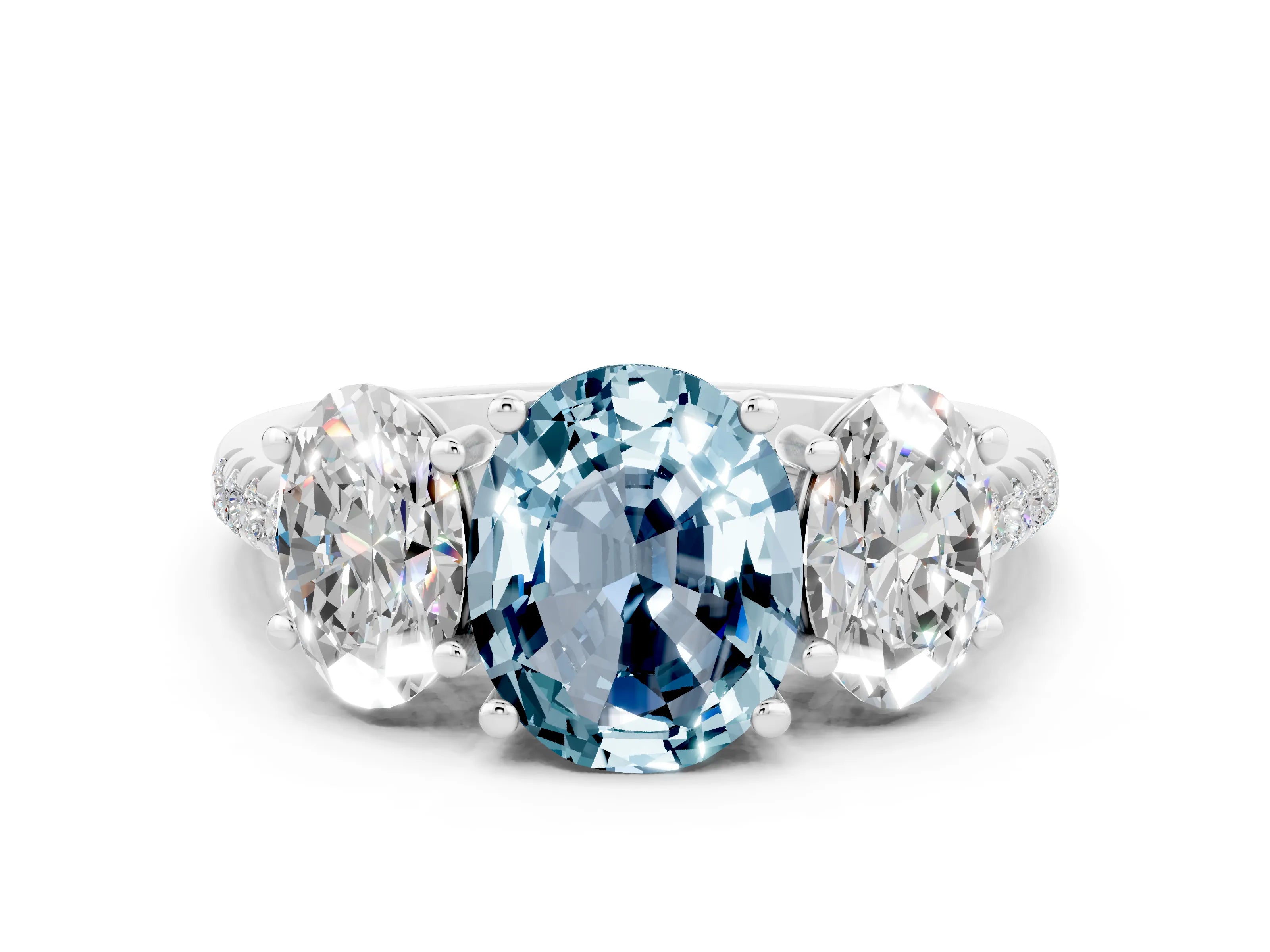 White gold Three-Stone Oval Cut Aquamarine Ring with Pavé Band and Prong Setting_12