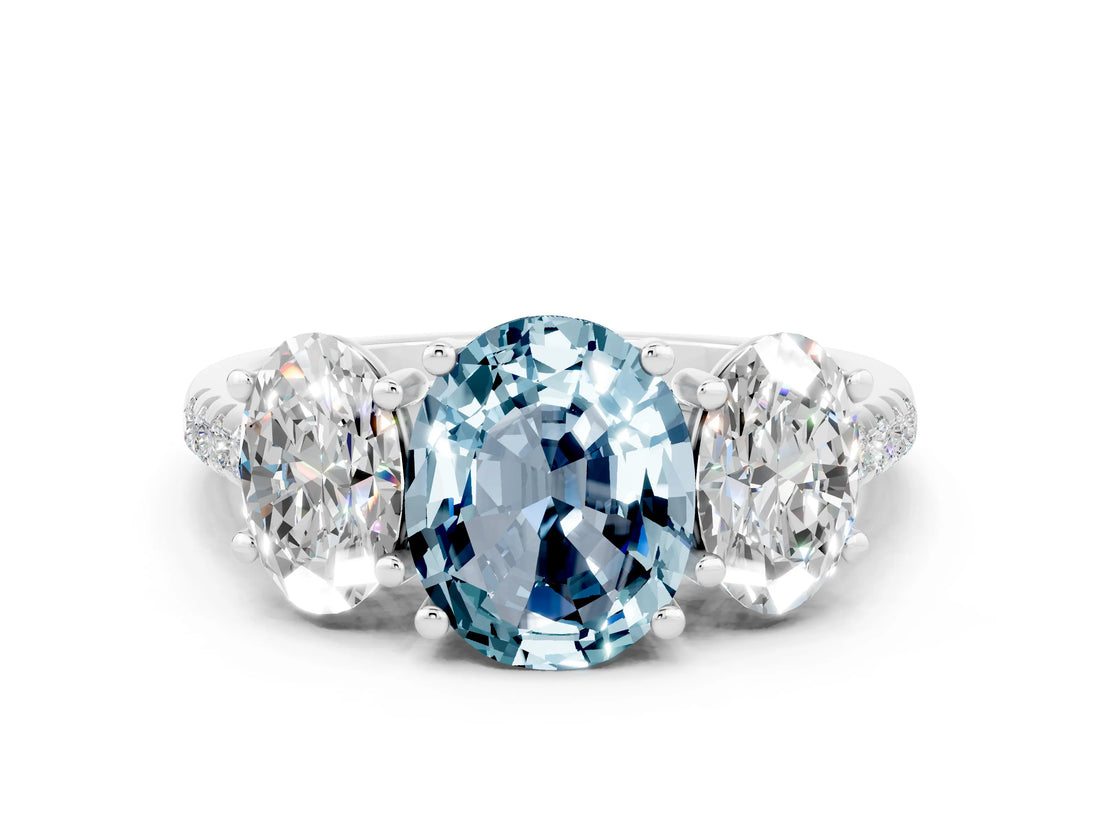White gold Three-Stone Oval Cut Aquamarine Ring with Pavé Band and Prong Setting_12