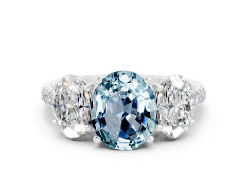 White gold Three-Stone Oval Cut Aquamarine Ring with Pavé Band and Prong Setting_12