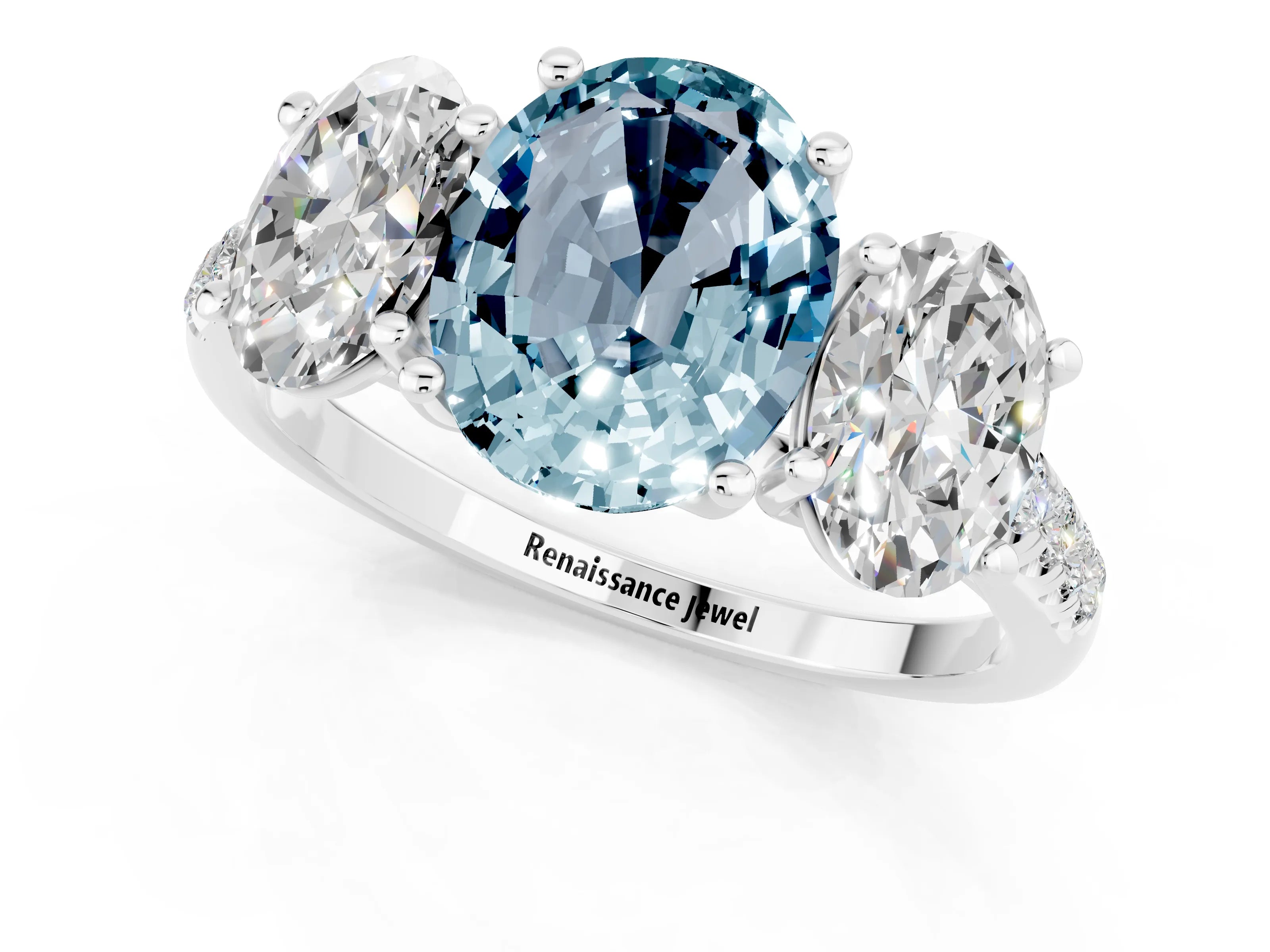 White gold Three-Stone Oval Cut Aquamarine Ring with Pavé Band and Prong Setting_13
