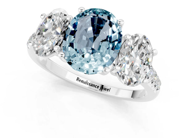 White gold Three-Stone Oval Cut Aquamarine Ring with Round  Pavé Band and Prong Setting