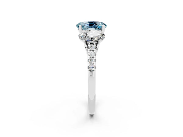 Silver Three-Stone Oval Cut Aquamarine Ring with Round  Pavé Band and Prong Setting