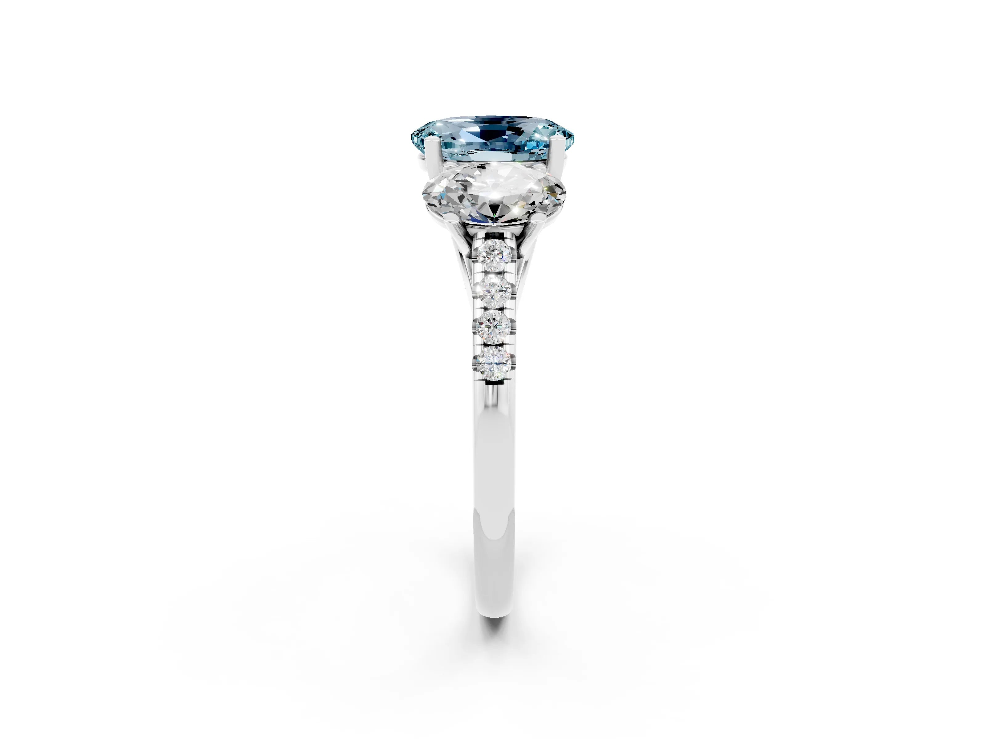 White gold Three-Stone Oval Cut Aquamarine Ring with Pavé Band and Prong Setting_14