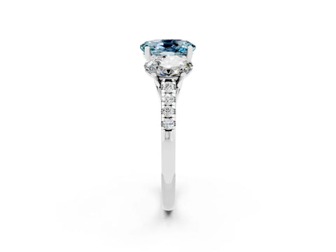 White gold Three-Stone Oval Cut Aquamarine Ring with Pavé Band and Prong Setting_14