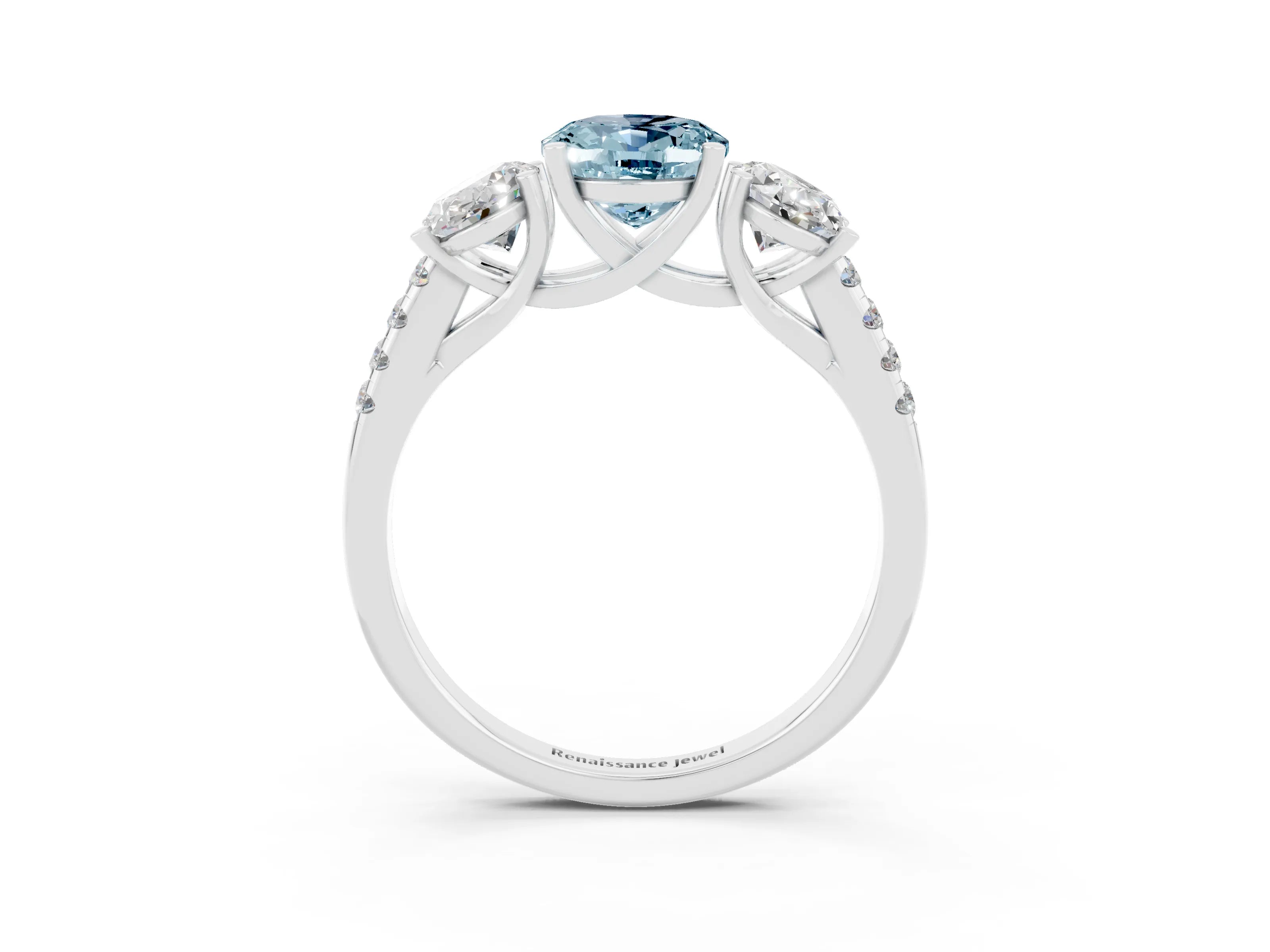 White gold Three-Stone Oval Cut Aquamarine Ring with Pavé Band and Prong Setting_15