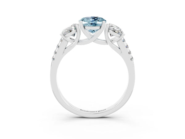 Silver Three-Stone Oval Cut Aquamarine Ring with Round  Pavé Band and Prong Setting
