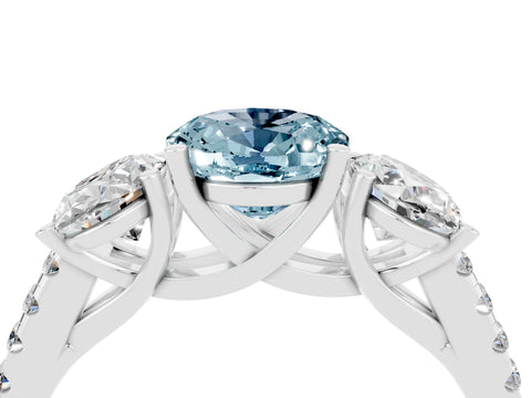White gold Three-Stone Oval Cut Aquamarine Ring with Pavé Band and Prong Setting_16