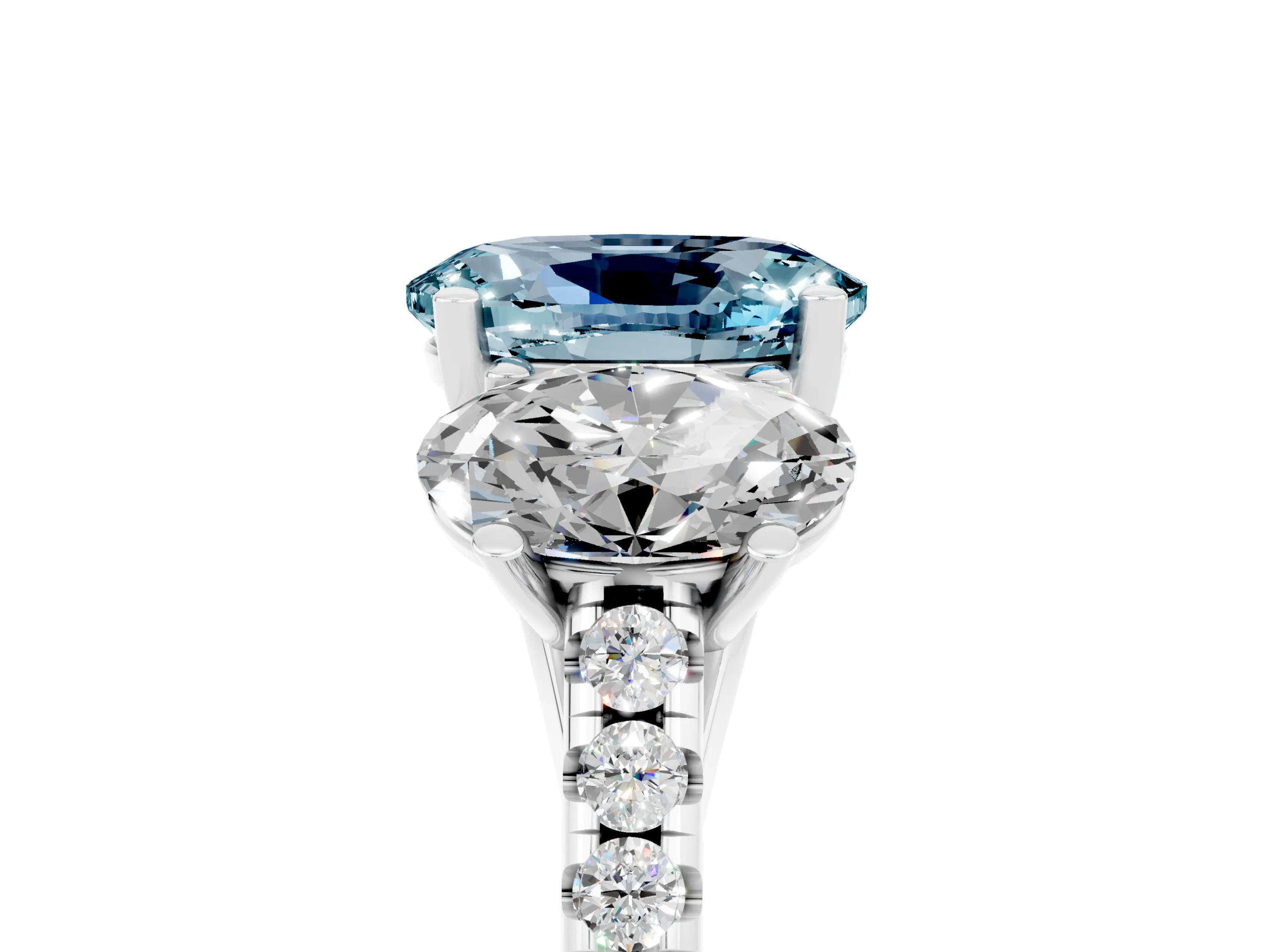 White gold Three-Stone Oval Cut Aquamarine Ring with Pavé Band and Prong Setting_17