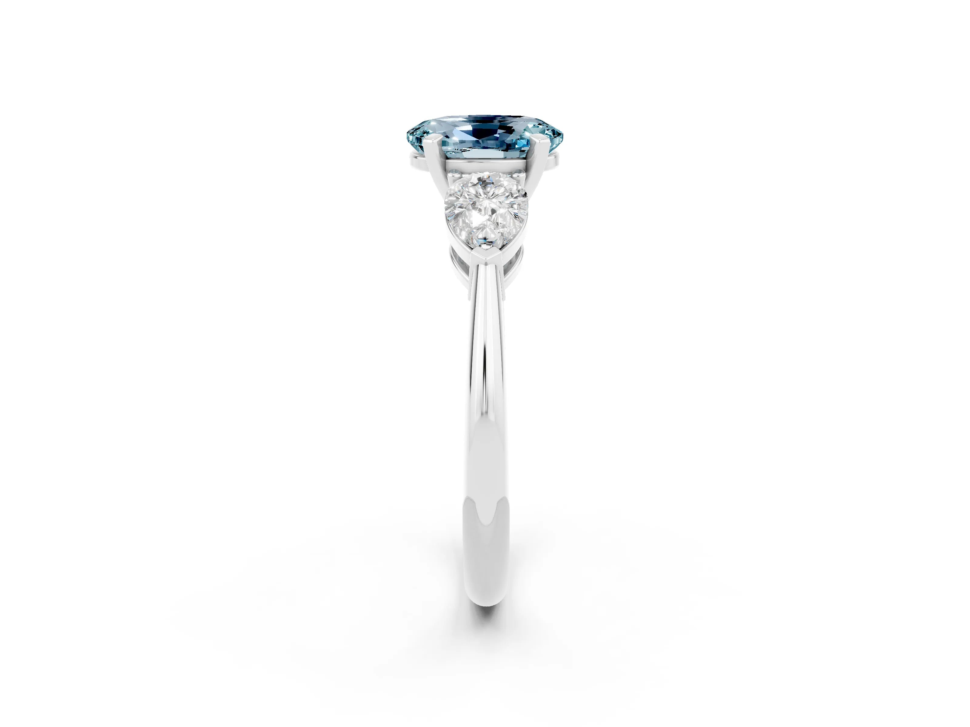 White gold Three-Stone Oval Cut Aquamarine Ring with Pear Side Stones and Four-Prong Setting_2