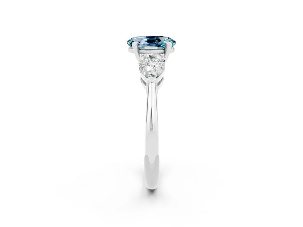 White gold Three-Stone Oval Cut Aquamarine Ring with Pear Side Stones and Four-Prong Setting