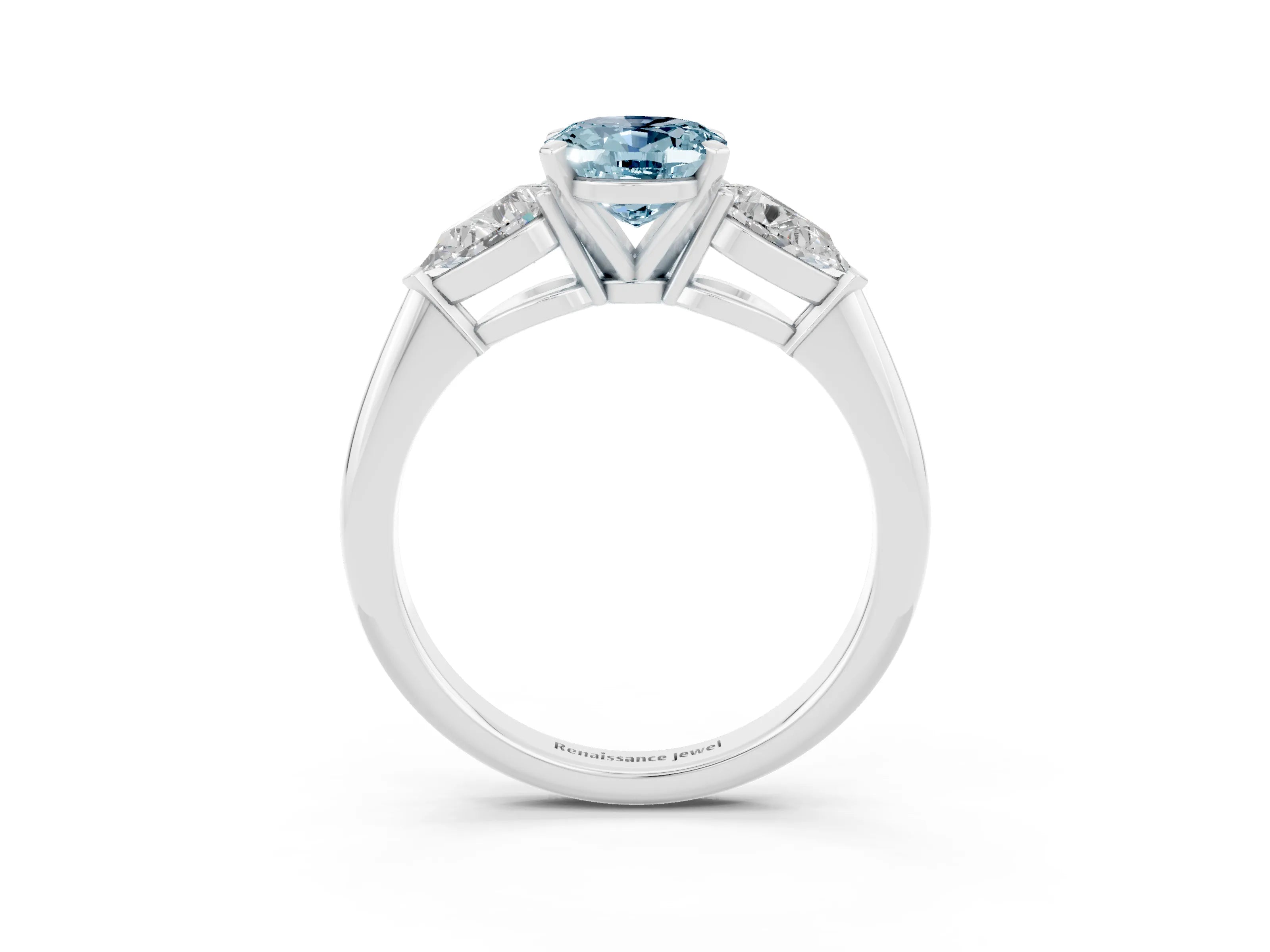 White gold Three-Stone Oval Cut Aquamarine Ring with Pear Side Stones and Four-Prong Setting_3