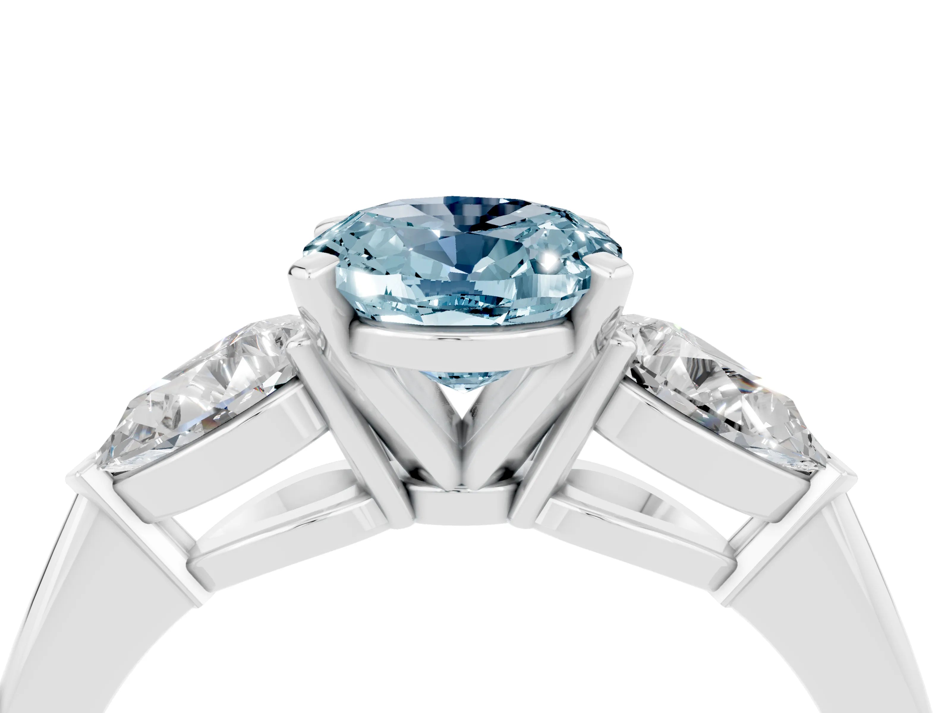 White gold Three-Stone Oval Cut Aquamarine Ring with Pear Side Stones and Four-Prong Setting_4