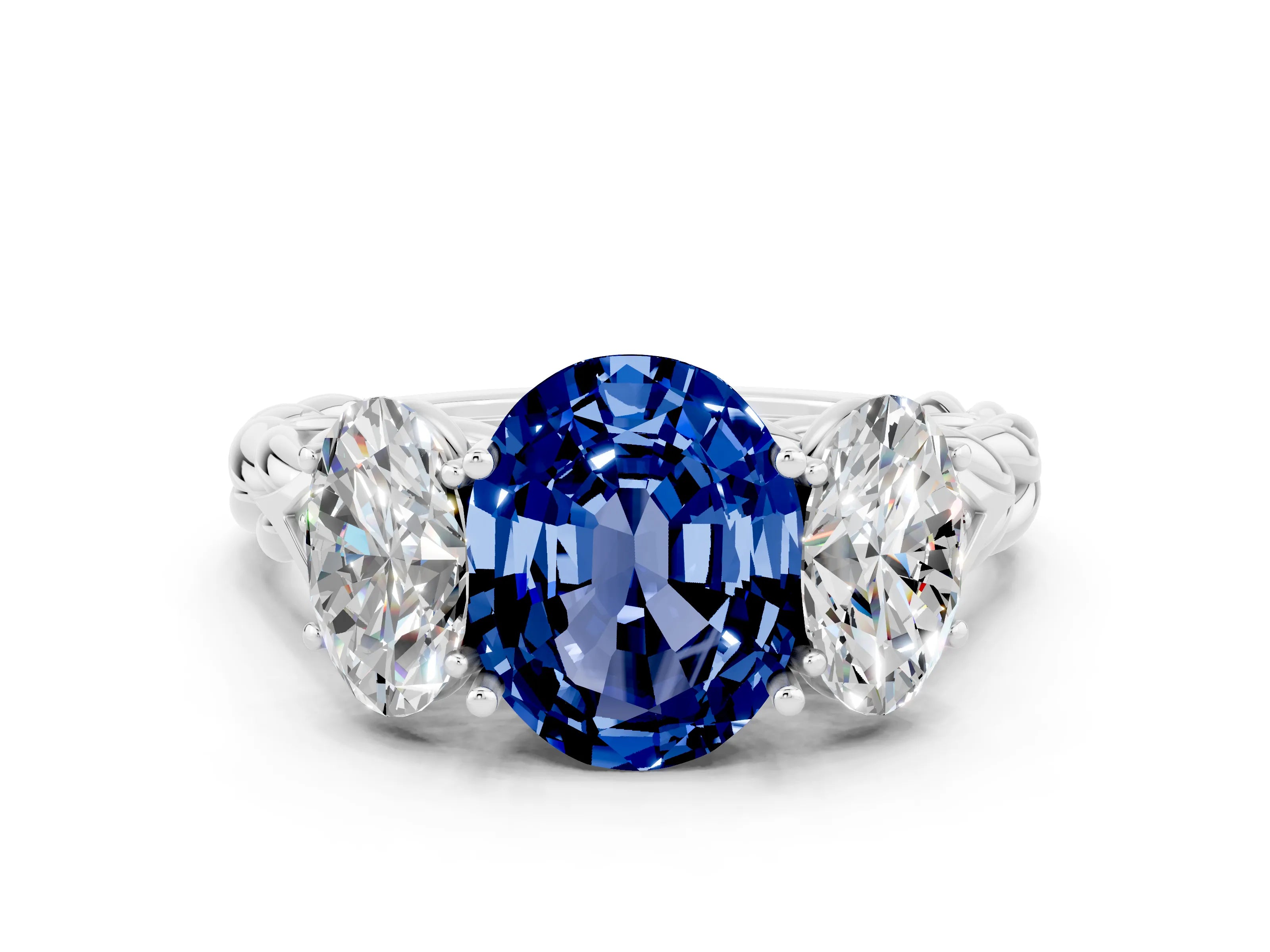 White gold Three-Stone Oval Cut Blue Sapphire Braided Band Ring with Four-Prong Setting_12