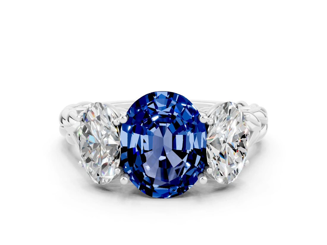 White gold Three-Stone Oval Cut Blue Sapphire Braided Band Ring with Four-Prong Setting_12