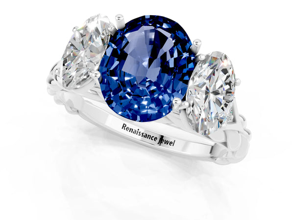 Silver Three-Stone Oval Cut Blue Sapphire Braided Band Ring with Four-Prong Setting