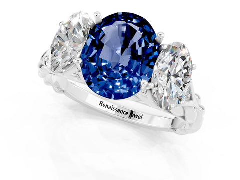 White gold Three-Stone Oval Cut Blue Sapphire Braided Band Ring with Four-Prong Setting_13