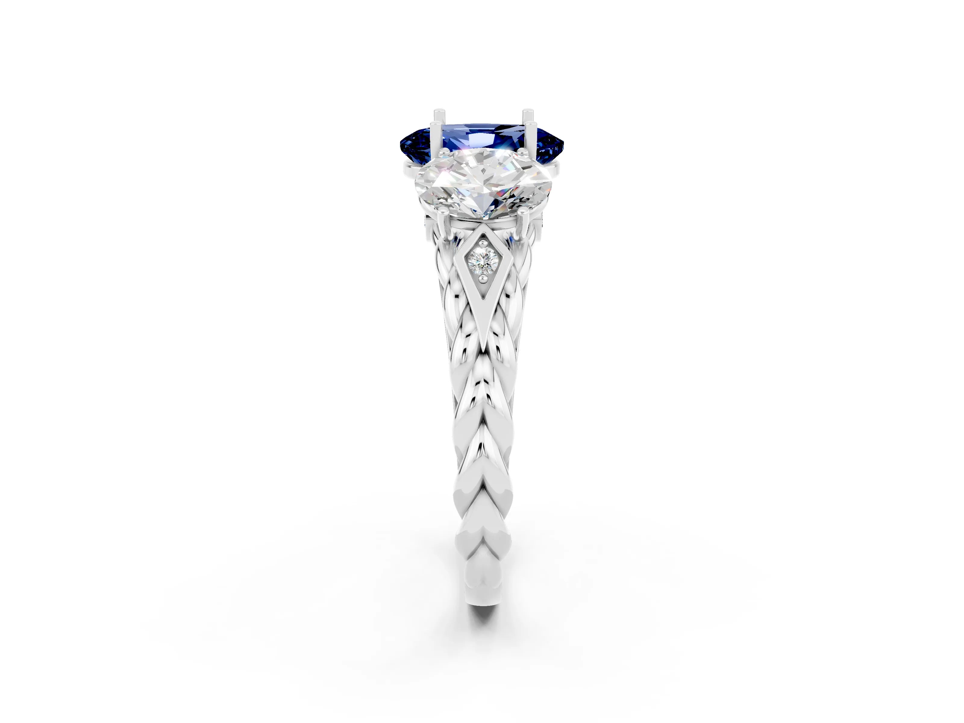 White gold Three-Stone Oval Cut Blue Sapphire Braided Band Ring with Four-Prong Setting_14