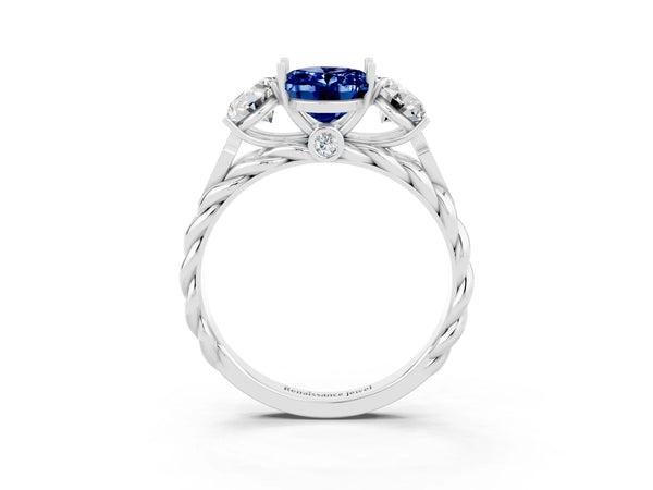 Platinum Three-Stone Oval Cut Blue Sapphire Braided Band Ring with Four-Prong Setting