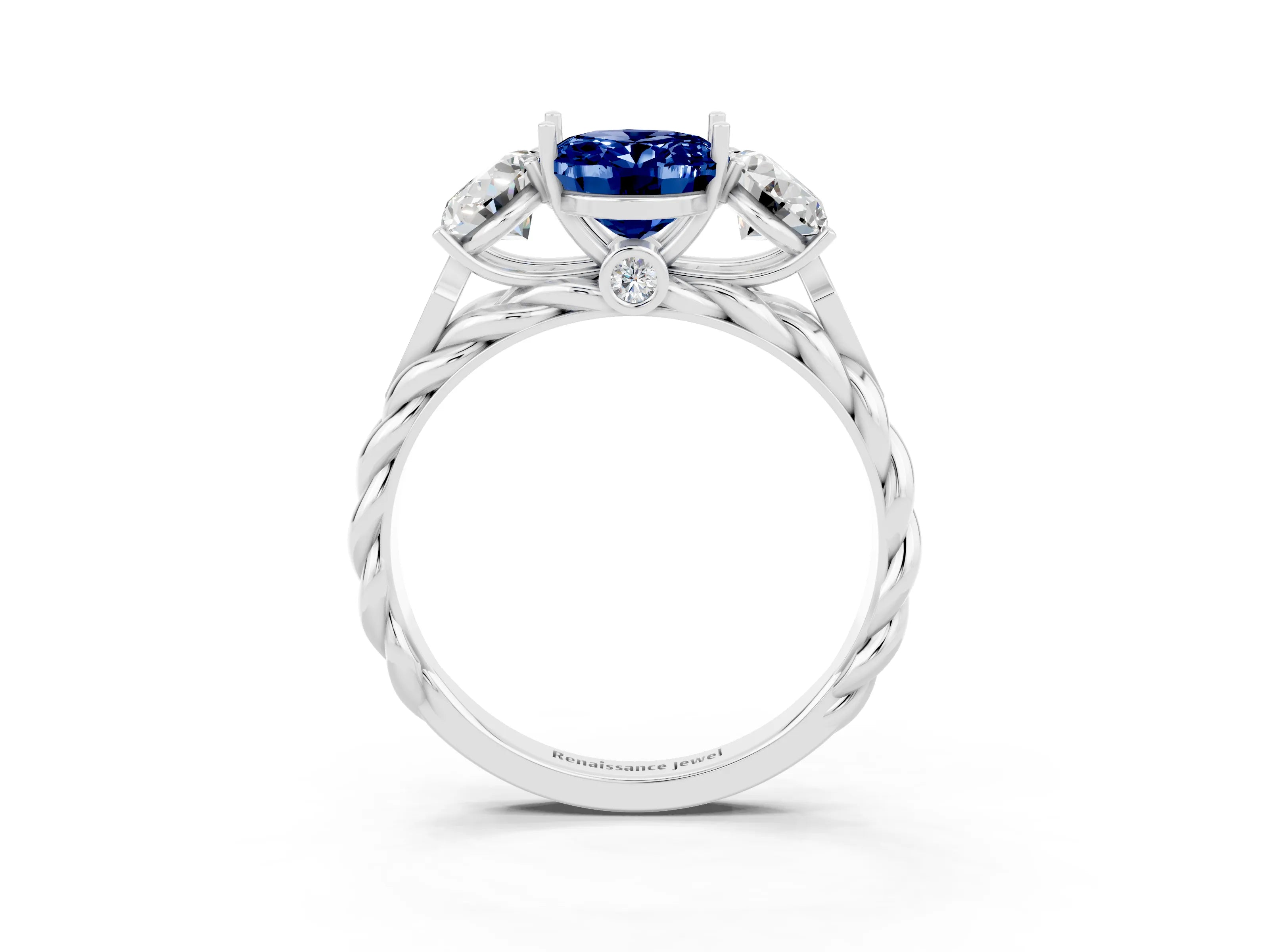 White gold Three-Stone Oval Cut Blue Sapphire Braided Band Ring with Four-Prong Setting_15