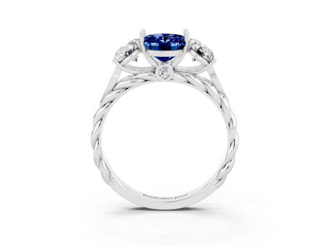 White gold Three-Stone Oval Cut Blue Sapphire Braided Band Ring with Four-Prong Setting_15